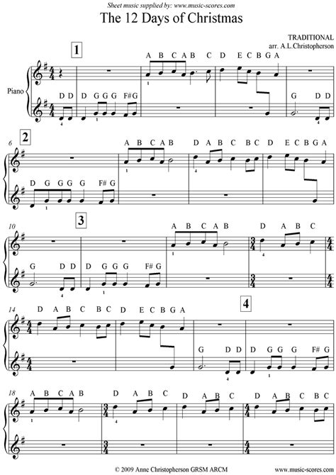 Christmas. The 12 Days of Christmas Easy Piano classical sheet music