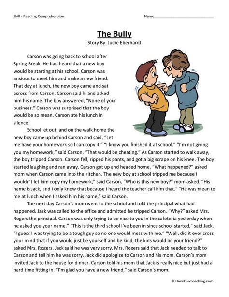 This Reading Comprehension Worksheet - The Bully is for teaching reading comprehension. Use this ...