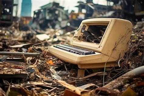 Premium AI Image | Old broken computer monitor on the ruins of an old building after a fire