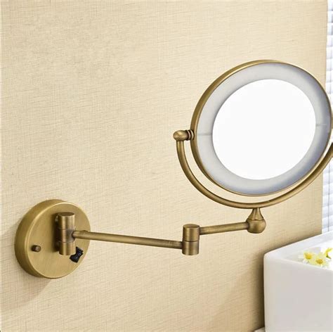 Bath Mirror Bronze Wall Mounted 8 inch Brass 3X/1X Magnifying Mirror LED Light Folding Makeup ...