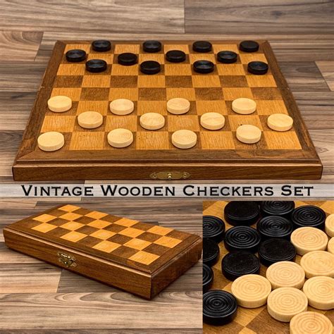 Vintage Wood Checkers Set with Folding wooden Checkers Board, Draughts game, Collectors Checkers