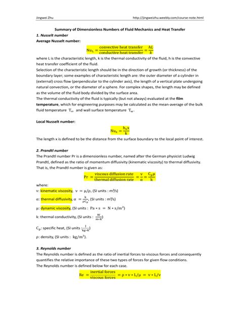 summary of dimensionless numbers of fluid mechanics and heat transfer