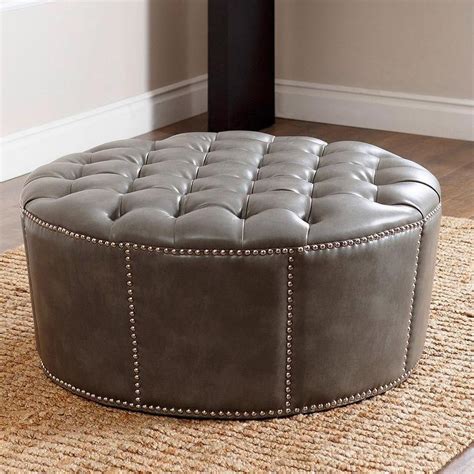 ABBYSON LIVING Newport Grey Leather Nailhead Trim Round Ottoman