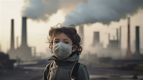 Children wearing masks to prevent air pollution Behind is the factory ...