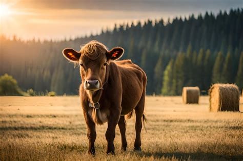 Premium Photo | A cow in a field with a golden sunset behind it