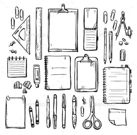 Set of Stationery Drawings | Doodle drawings, Art collage wall