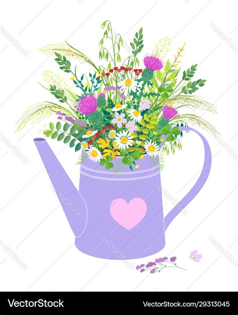 Watering can with wild flowers bouquet Royalty Free Vector