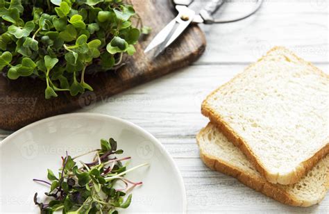 Red radish microgreens and bread 2865500 Stock Photo at Vecteezy