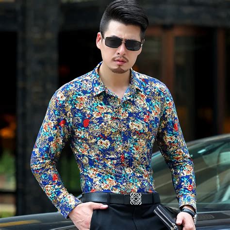 2016 New Design Fashion Full Flowers Printing Mens Long Sleeve Shirt ...