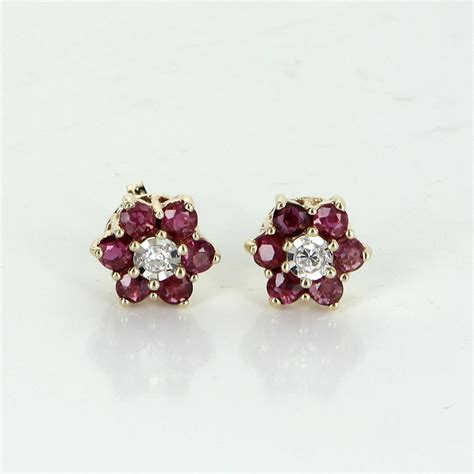 Ruby Diamond Flower Stud Earrings Vintage 14 Karat Yellow Gold Estate ...