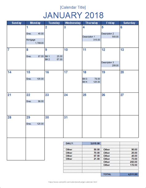 Monthly Budget Calendar Template