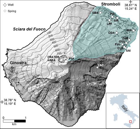 Map of Stromboli Island showing the study area (shaded polygon) and the... | Download Scientific ...