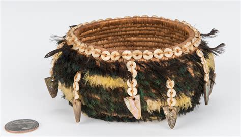 Lot 686: 2 Native American Pomo Baskets, 1 Feather | Case Auctions