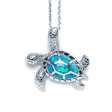 Blue Opal Sideways Sea Turtle Necklace in Sterling Silver