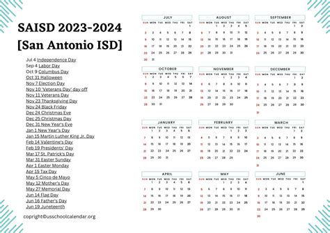 SAISD Calendar with Holidays 2023-2024 [San Antonio ISD]