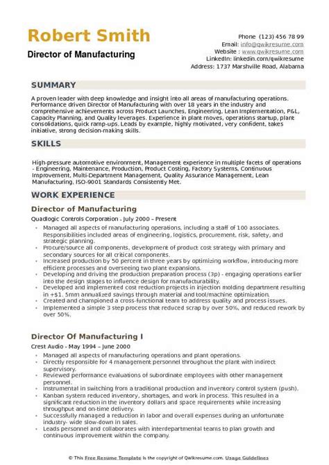 Director of Manufacturing Resume Samples | QwikResume