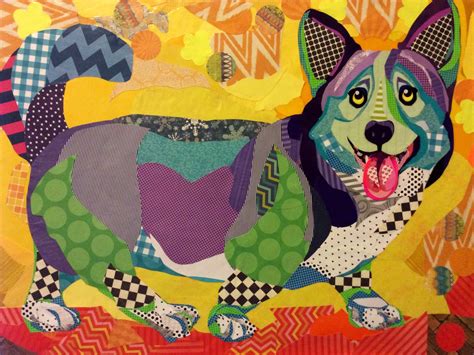 Scrapbook paper collage, "Corgi Joy", 24"x32" by Laura Yager. Dog art, corgi artwork, Welsh ...