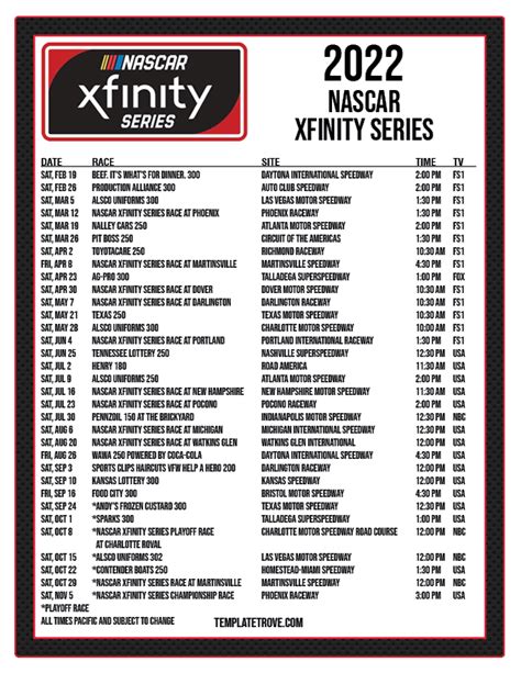 Printable 2022 NASCAR Schedule