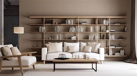 Minimal interior design living room with beige cozy tone style, decorate with sofa, bookshelf ...