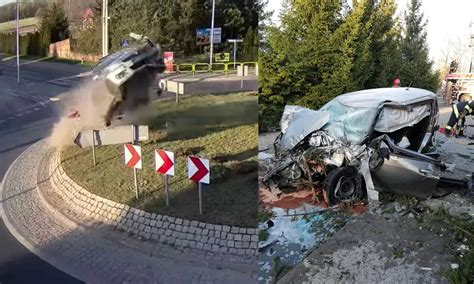 Dramatic Footage Shows Driver Loses Control Hitting Roundabout