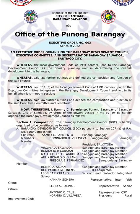 Executive Order No. 003 s. 2022 Organizing THE Barangay Development Council, Executive Committee ...