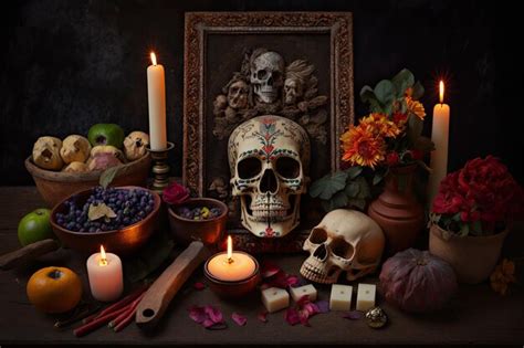 Premium AI Image | Day of the dead altar with offerings and candles