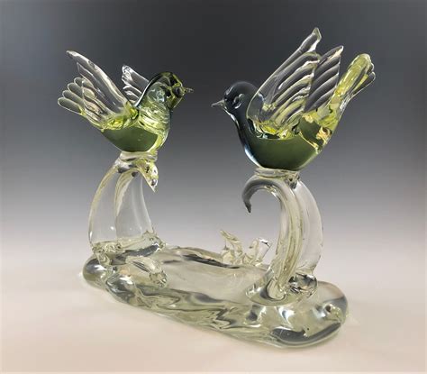 Vintage Art Glass Bird Sculpture - Two Glass Flying Birds - Yellow ...