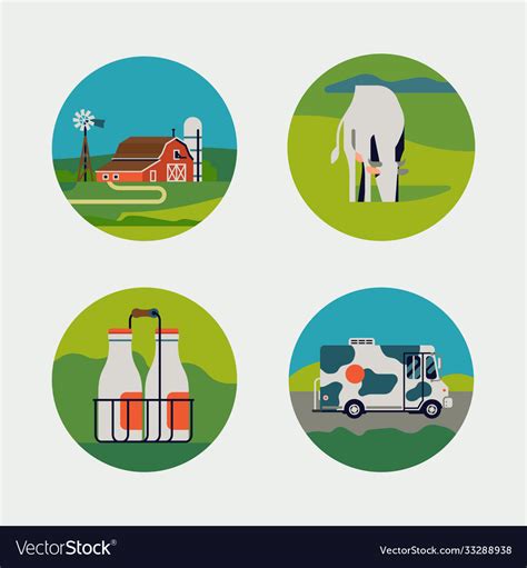 Set dairy milk farm round shaped icons Royalty Free Vector