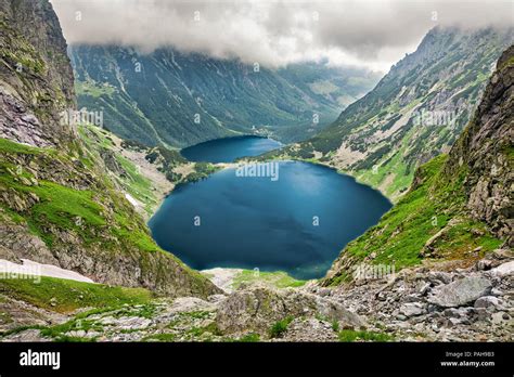 Czarny Staw pod Rysami (Black Lake below Mount Rysy) and Morskie Oko lakes in Tatra Mountains ...