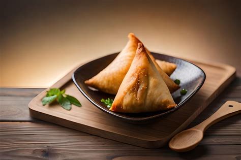 Premium Photo | Samosas on a plate with a wooden spoon