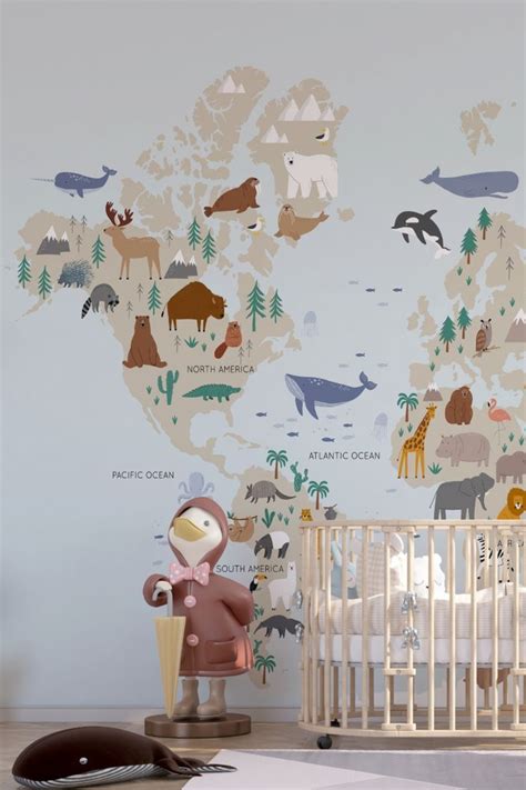 Animals Safari Kids Map Wallpaper Bedroom Wallpaper Murals, World Map ...