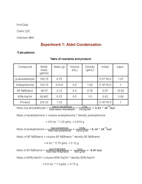 Lab 7 Aldol Condensation report - Prof Dutz Chem 225 Unknown # Experiment 7: Aldol Condensation ...