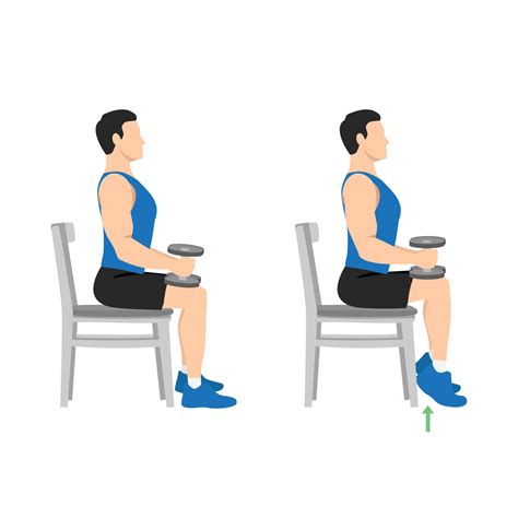 Man doing seated dumbbell or chair calf raises. Keep both legs at a 90-degree angle. Extend the ...