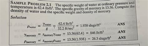 Solved SAMPLE PROBLEM 2.1 The specific weight of water at | Chegg.com