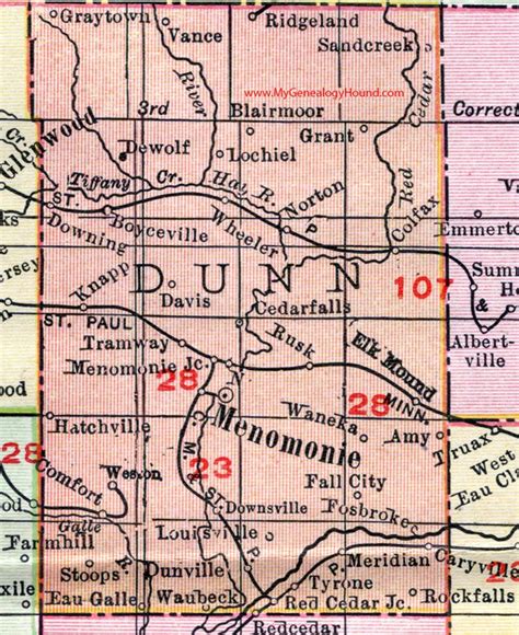 Dunn County, Wisconsin, map, 1912, Menomonie, Elk Mound, Knapp, Colfax, Boyceville, Wheeler ...