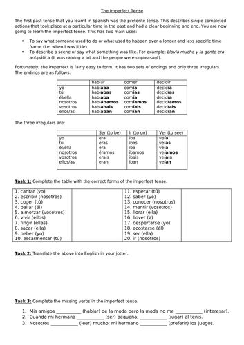 Imperfect Tense Worksheet | Teaching Resources