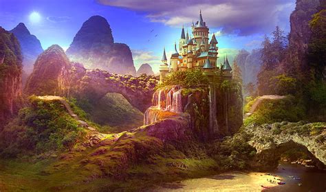 Fantasy castle, waterfall, paradise, heaven, beach, Fantasy, HD wallpaper | Peakpx