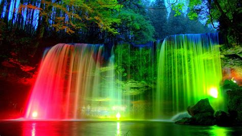 Colorful Night Waterfall - HD Wallpaper