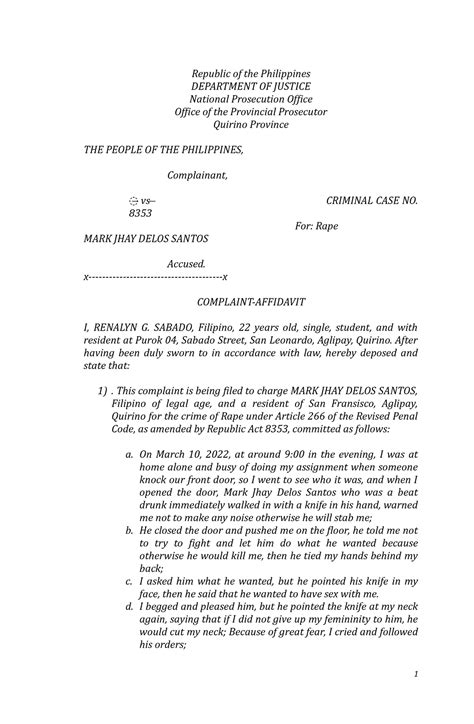 Criminal Complaint - sample - Republic of the Philippines DEPARTMENT OF ...