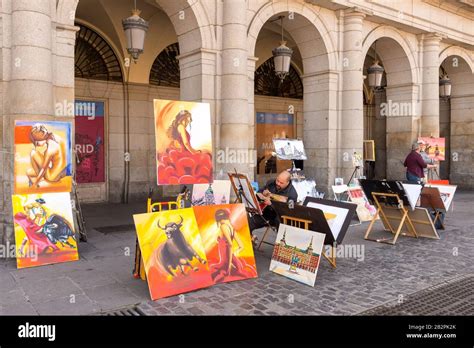 Artist paintings for sale in the Plaza Mayor, Madrid, Spain Stock Photo ...