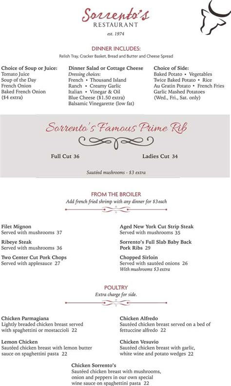 Menu | Sorrento’s Restaurant | Appetizers | Supper Club | Steak