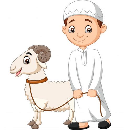 Premium Vector | Cartoon Muslim boy with a goat | Islamic cartoon, Eid ...