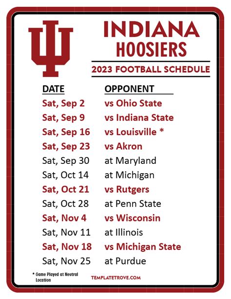 Printable 2023 Indiana Hoosiers Football Schedule