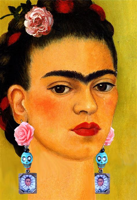 Each Frida earring has a coral rose and and a simulated turquoise skull with piercing crystal ...