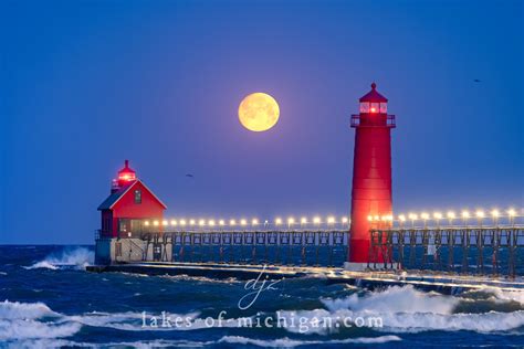 Grand Haven Lighthouse with the Full Moon on April 15th 2022 — Aerial ...