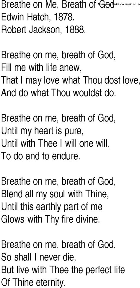 Hymn and Gospel Song Lyrics for Breathe on Me, Breath of God by Edwin Hatch