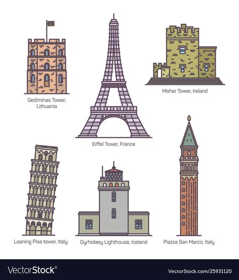 European landmarks with towers in thin line Vector Image