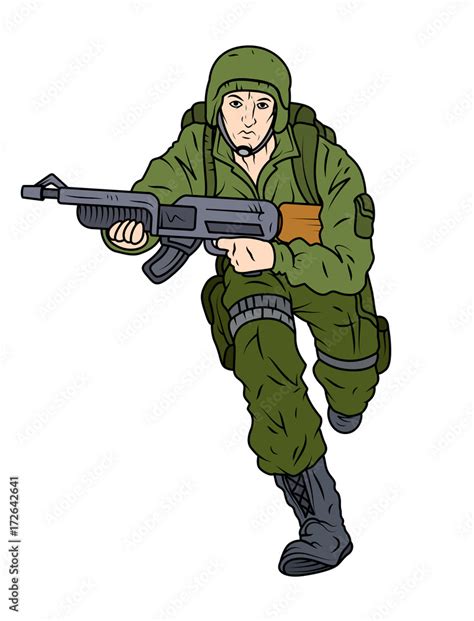 Cartoon Army Soldier Running with Gun- clip-art vector illustration Stock Vector | Adobe Stock