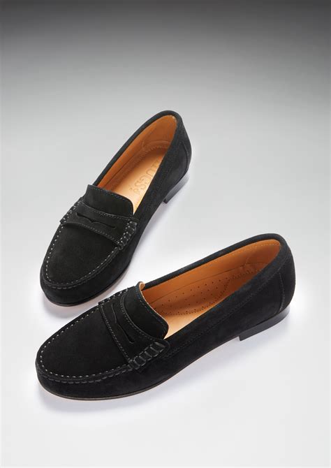 Women's Penny Loafers Leather Sole, black suede - Hugs & Co.