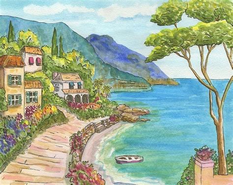 Seaside Village | Landscape wall tapestry, Landscape walls, Watercolor wall art